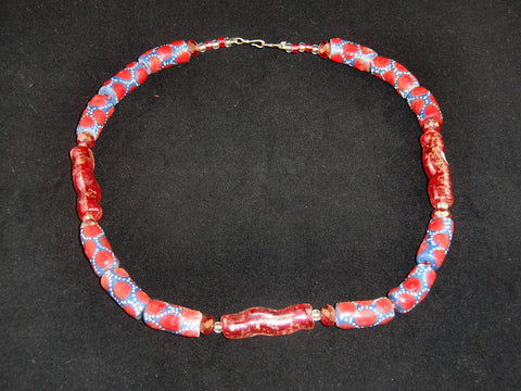 Blue w/red dots painted on glass beads w/matching glass accents; on nylon wire; approx. 18" long; w/screw clasp.