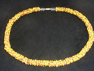 Brown & yellow round stone necklaces; on nylon wire; approx. 22" long; w/screw clasp.