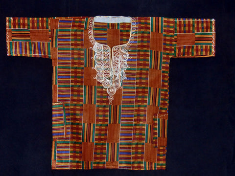Brilliant multi-colored kente print, chest up to 40";, length 26";, 2 side pockets, embroidery on neck and chest. (ages 8 - 14). 
"
