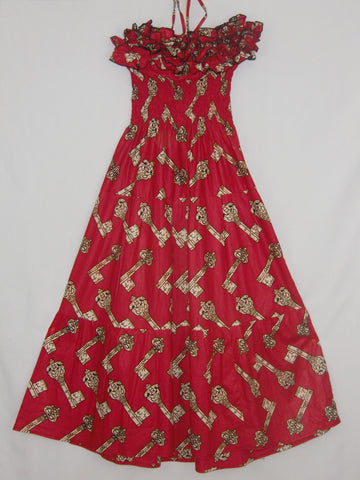 Hi-Target wax print cloth of white keys on a red background; hand-tailored, 'topless' w/neck strap; ruffled front; floor length A-line dress; w/elastic gathered bodice &; back; approx. 48"; long from shoulder to hem.
STRETCHES TO FIT S-M-L.