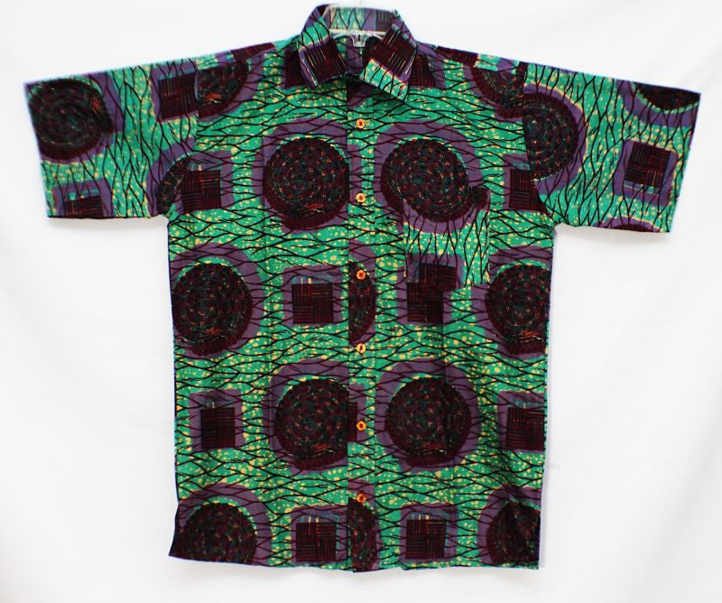 SMALL - Purple circular patterns on a blue/green field; short sleeves; chest up to 44", length 30", collar 17"; 1 left chest pocket. (measurements approximate).