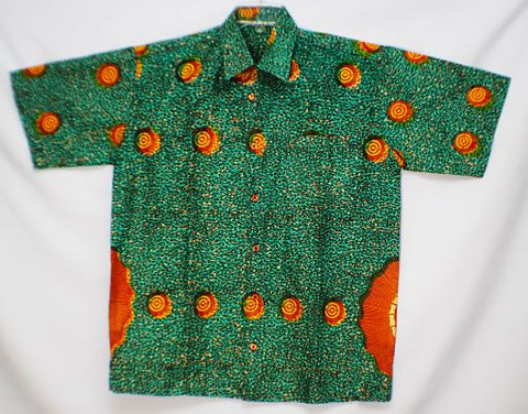 LARGE - Green with yellow/red circles; short sleeves; chest up to 54", length 34", collar 19 1/2"; 1 left chest pocket. (measurements approximate).