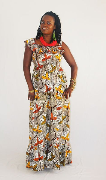 African Wax Print Maxi Sun Dress - 3 Leaf Cluster