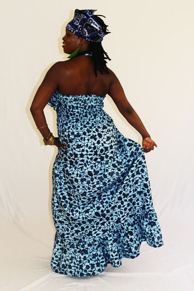 African Print Maxi Sun Dress - Blue Frehyia