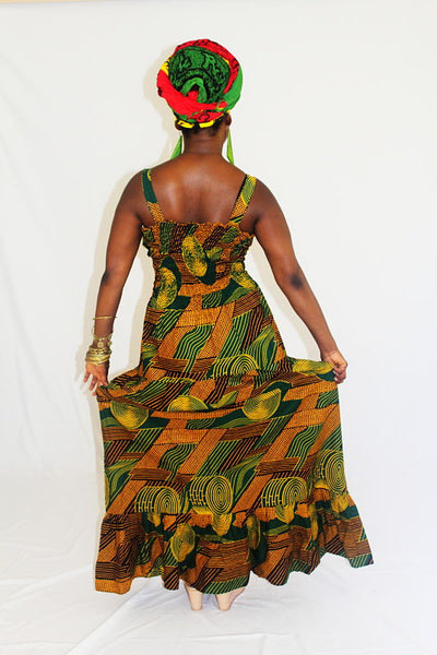 African Print Maxi Sun Dress - Green Swirls