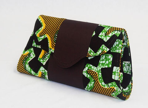 African Cloth Clutch Purse - Brown Leather Center