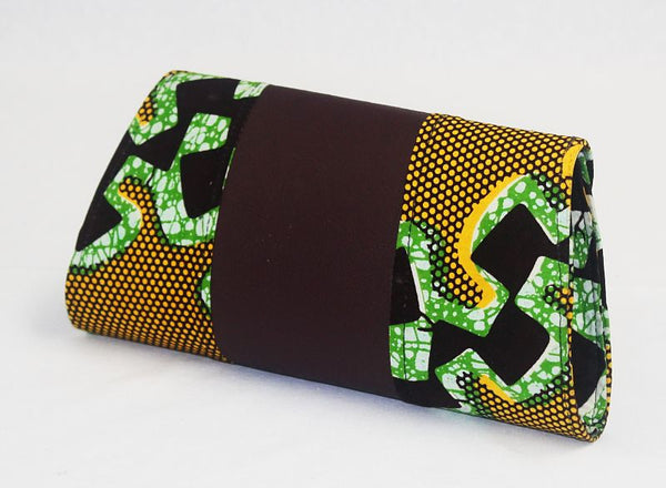 African Cloth Clutch Purse - Brown Leather Center