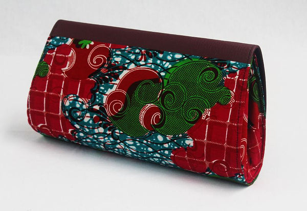 African Cloth Clutch Purse (Large) - Burgundy Leather Flap