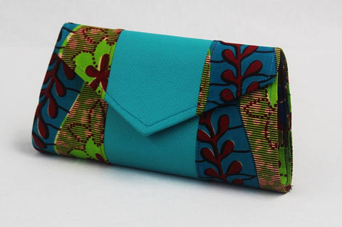 African Cloth Clutch Purse - Blue Leather Center