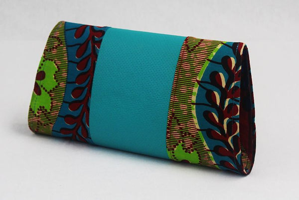 African Cloth Clutch Purse - Blue Leather Center