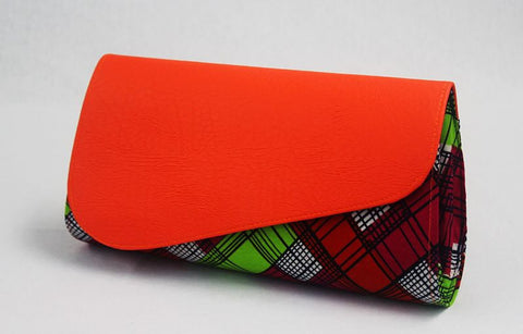 African Cloth Clutch Purse (Large) - Orange Leather Flap