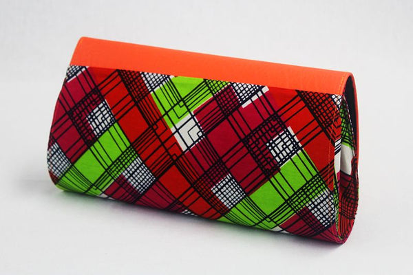 African Cloth Clutch Purse (Large) - Orange Leather Flap