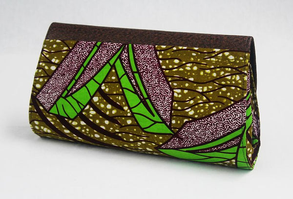 African Cloth Clutch Purse (Large) - Brown Leather Flap