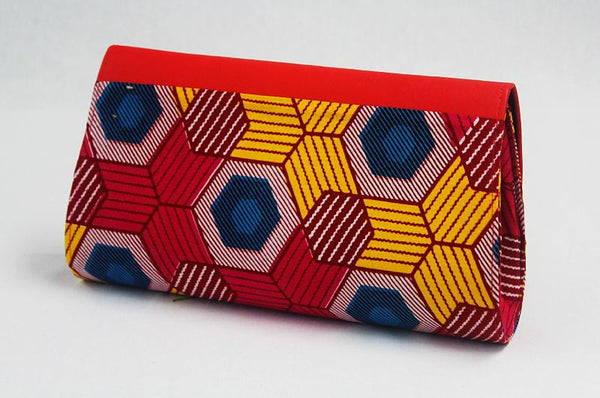 African Cloth Clutch Purse (Large) - Red Leather Flap