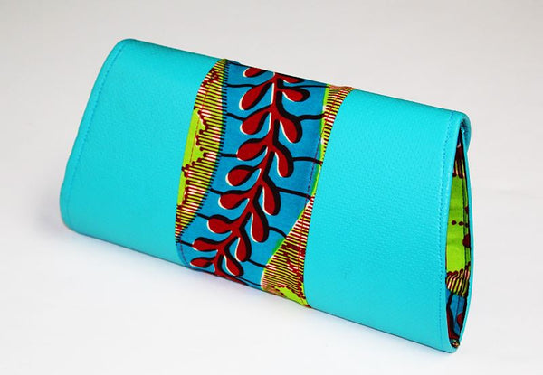 African Cloth Clutch Purse - Blue Leather Sides