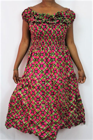 African Print Maxi Sun Dress - Green Boxes