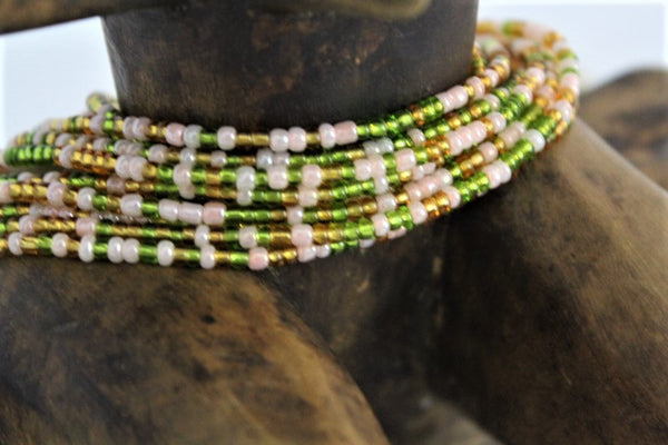 KROBO African Waist Beads - Lime green, cream & gold beads - (WSTBD102)