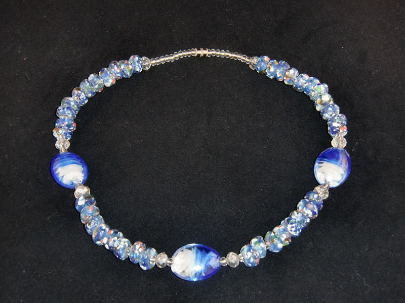 Blue & white round stones w/matching glass accents; on nylon wire; approx. 18" long; w/screw clasp.