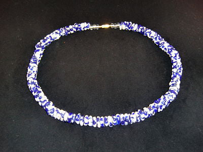 Blue & white round stone necklaces; on nylon wire; approx. 22" long; w/screw clasp.