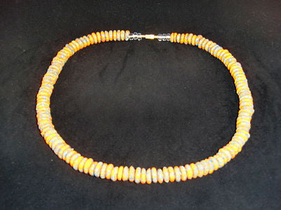 Orange & grey round stone necklaces; on nylon wire; approx. 22" long; w/screw clasp.