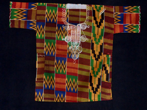 Bright bold green red &; gold kente print, chest up to 40";, length 26";, 2 side pockets, embroidery on neck and chest; hand wash or dry clean for best results. (ages 8 - 14)