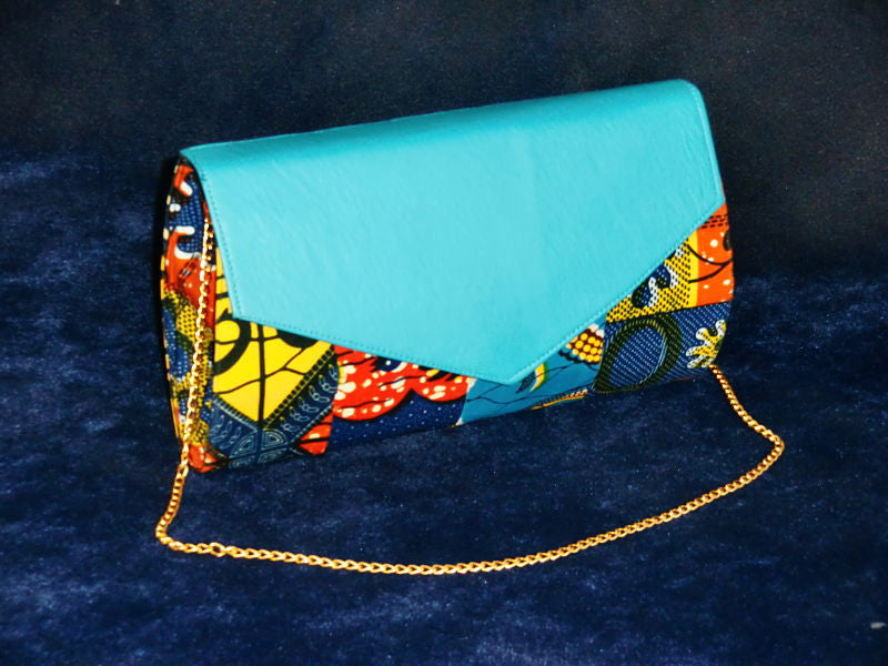 African Cloth Clutch Purse (Large) - Blue Leather Flap