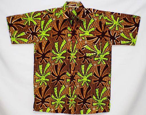 LARGE - Brown and green designs on a light brown field; short sleeves; chest up to 54";, length 34";, collar 19 1/2"; 1 left chest pocket. (measurements approximate).
