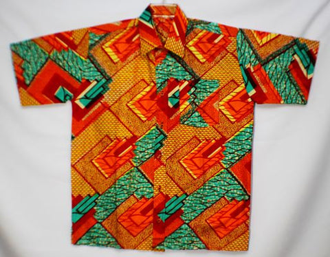 LARGE - Yellow, red, orange and green angular pattern; short sleeves: chest up to 54", length 34", collar 19 1/2"; 1 left chest pocket. (measurements approximate).