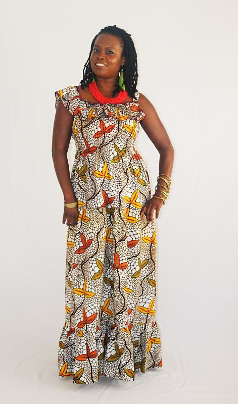 African Wax Print Maxi Sun Dress Leaf Cluster