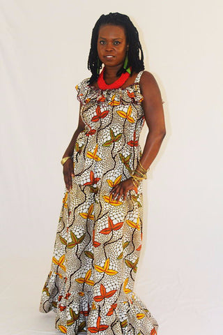 African Wax Print Maxi Sun Dress - 3 Leaf Cluster