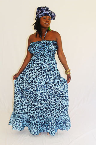 African Print Maxi Sun Dress - Blue Frehyia