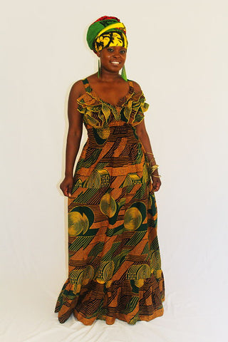 African Print Maxi Sun Dress - Green Swirls