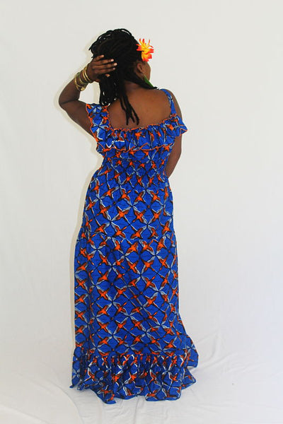 African Print Maxi Sun Dress - Orange Birds