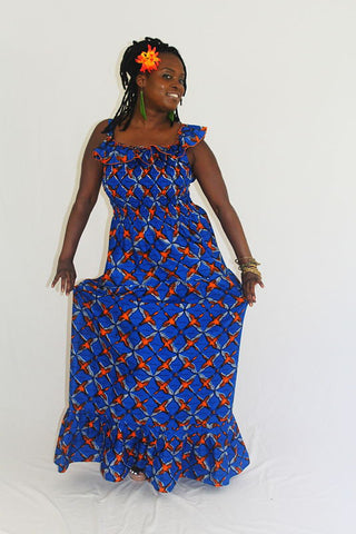 African Print Girl's Maxi Sun Dress - Orange Birds