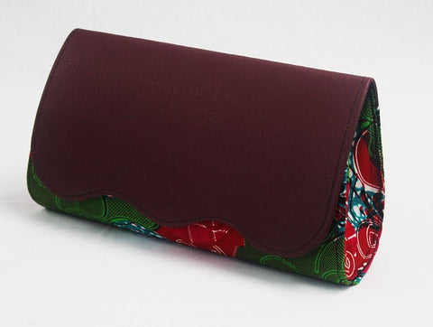 African Cloth Clutch Purse (Large) - Burgundy Leather Flap