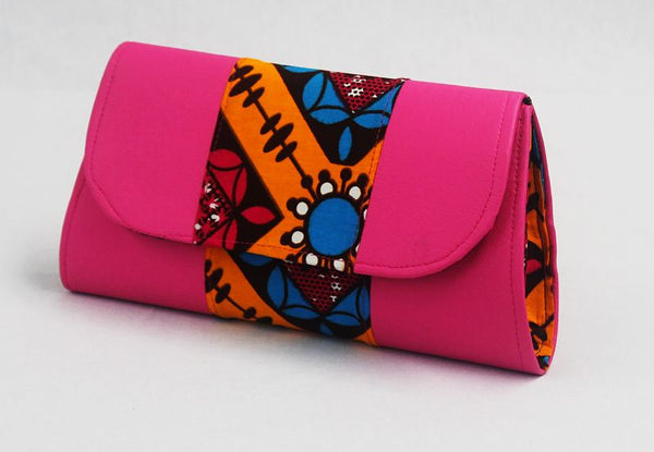 African Cloth Clutch Purse- Pink Leather Sides