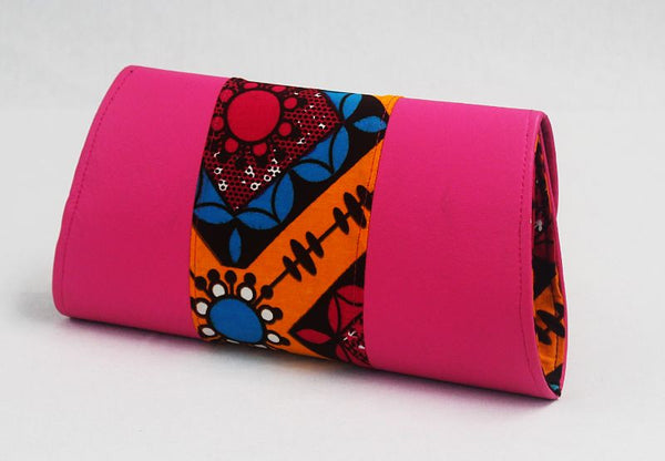 African Cloth Clutch Purse- Pink Leather Sides