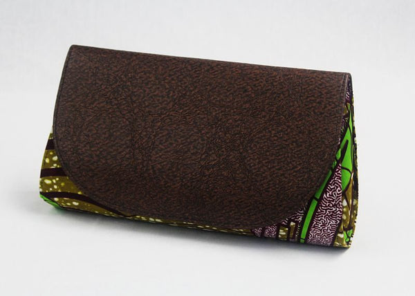 African Cloth Clutch Purse (Large) - Brown Leather Flap