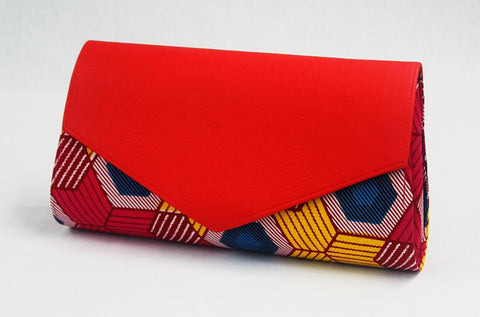 African Cloth Clutch Purse (Large) - Red Leather Flap