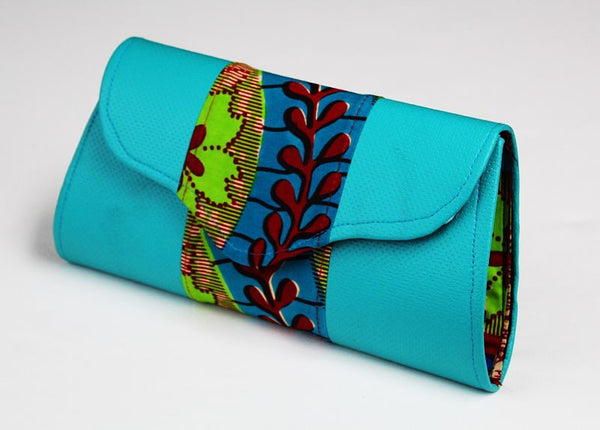 African Cloth Clutch Purse - Blue Leather Sides