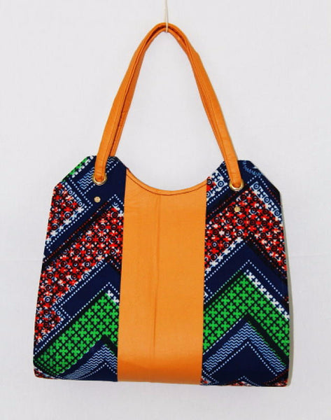 African Cloth Shoulder Bag - Tan Leather