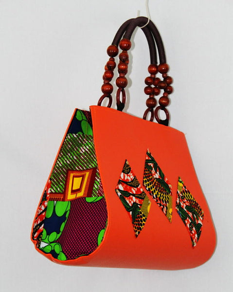 African Cloth Shoulder Bag - Orange Leather