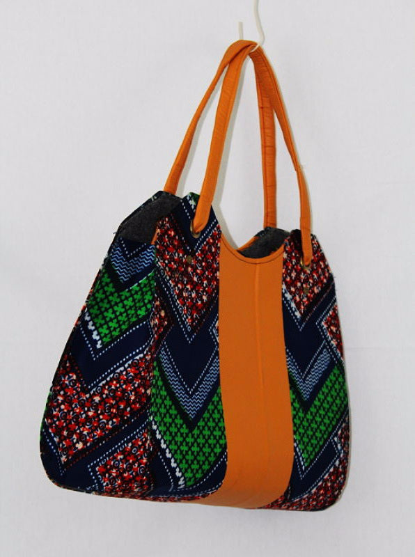 African Cloth Shoulder Bag - Tan Leather
