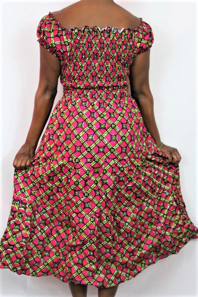 African Print Maxi Sun Dress - Green Boxes