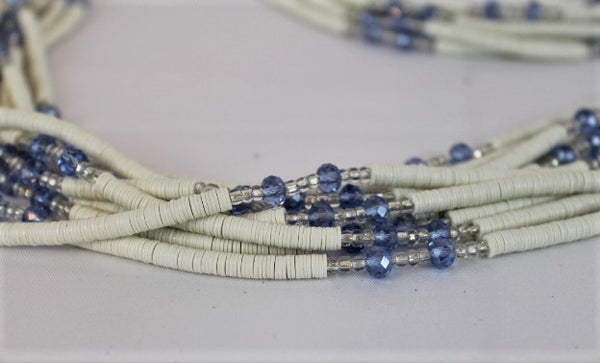KROBO African Waist Beads - White w/Blue & Clear Accents